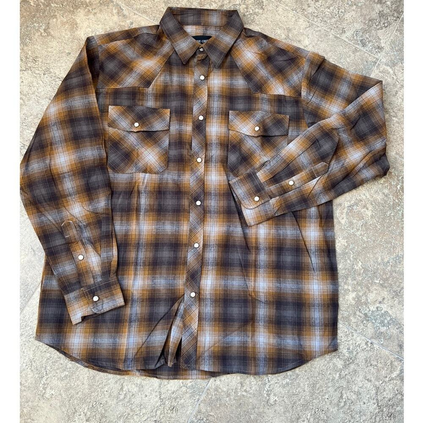 Stone Creek Brown Gray Plaid Flannel Snap Western Shirt, Men's L - Nwot — image 2 of 7
